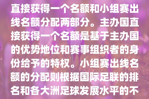 世界杯的名额分配包括主办国直接获得一个名额和小组赛出线名额分配两部分。主办国直接获得一个名额是基于主办国的优势地位和赛事组织者的身份给予的特权。小组赛出线名额的分配则根据国际足联的排名和各大洲足球发展水平的不同进行划分。具体分配如下