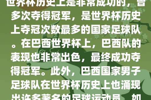 巴西世界杯的代表队伍是巴西国家男子足球队。这支队伍在世界杯历史上是非常成功的，曾多次夺得冠军，是世界杯历史上夺冠次数最多的国家足球队。在巴西世界杯上，巴西队的表现也非常出色，最终成功夺得冠军。此外，巴西国家男子足球队在世界杯历史上也涌现出许多著名的足球运动员，如内马尔、罗纳尔迪尼奥、罗纳尔多等。